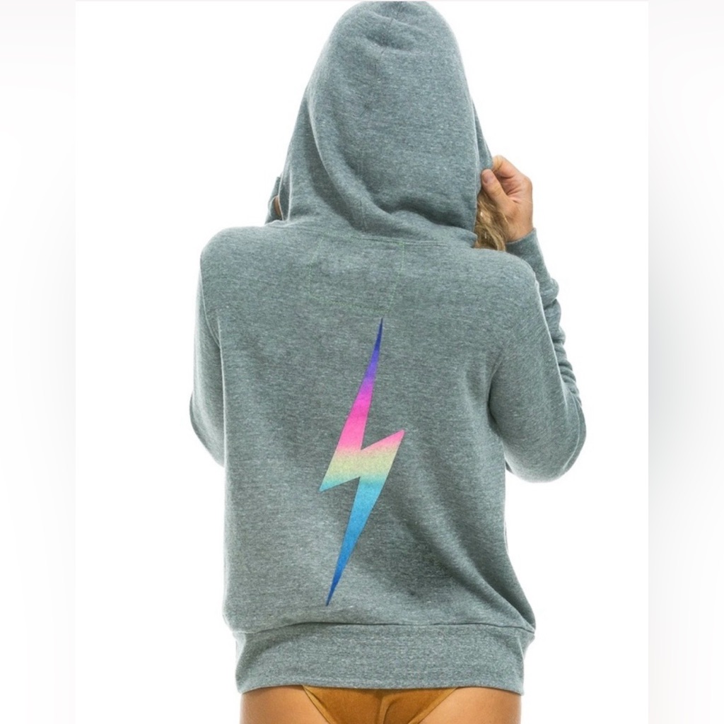Aviator Nation Heather Gray Hoodie With Rainbow Lightning Bolt